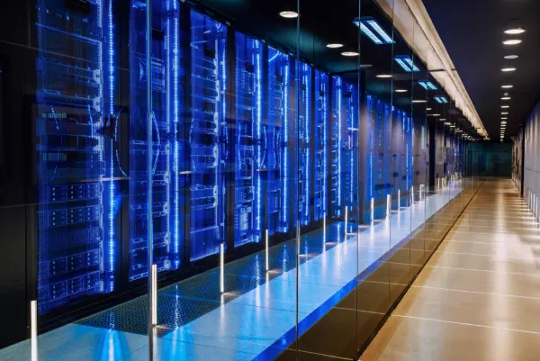 Interior de un centro de datos con filas de servidores